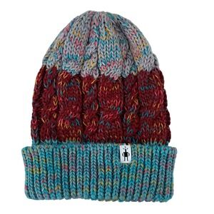 Smartwool Isto Retro Wool Blend Colorblock Cable Knit Beanie Hat Blue Red Grey